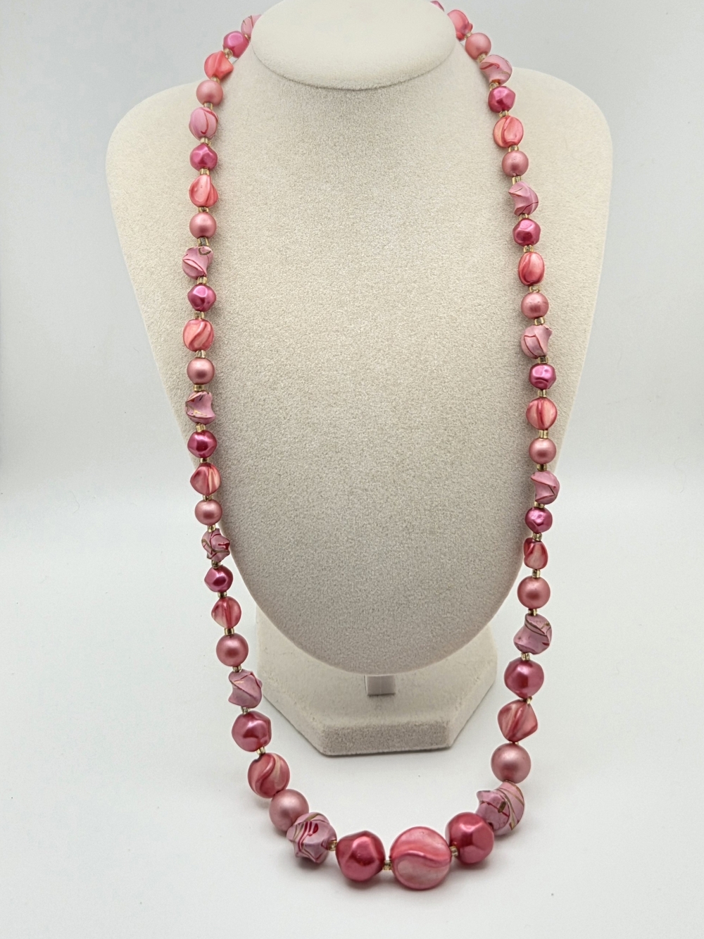 VTG 1960s Hong Kong Pink Beaded Necklace - Multi-Texture Lucite - 25"